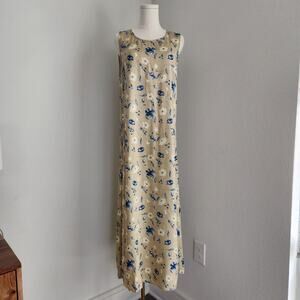 Vintage 90s Studio Ease Tan Blue Floral Maxi Dress Sleeveless 8 Cottage M